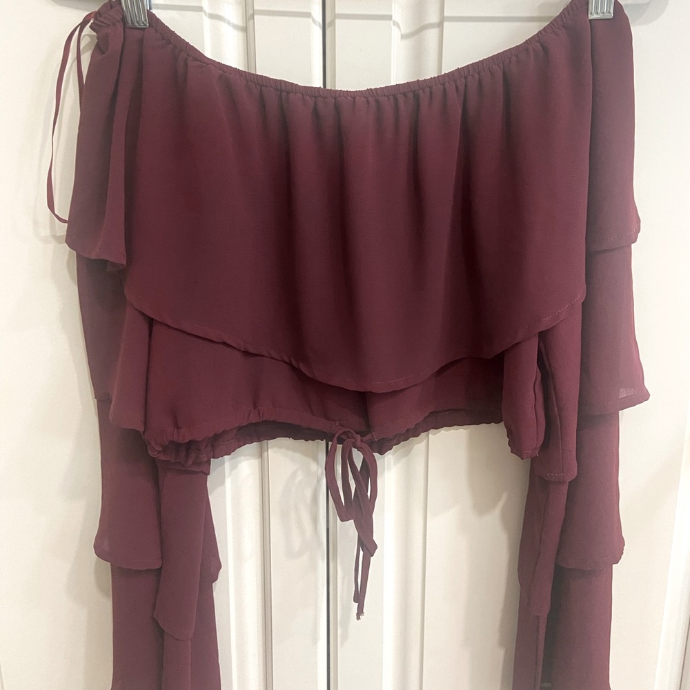 Maroon, long sleeve, off the shoulder, crop top, size medium